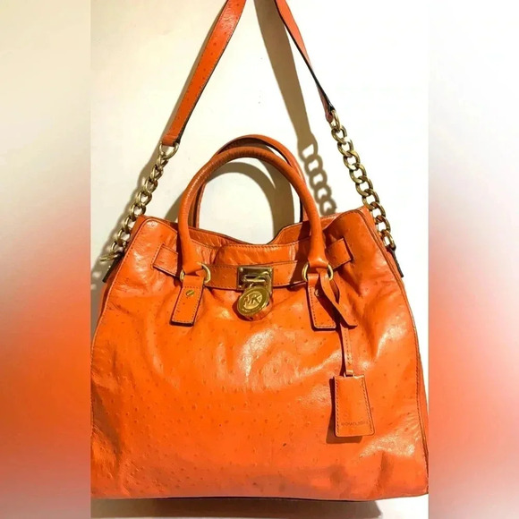 Michael kors orange ostrich embossed leather shoulder handbag - Picture 1 of 10